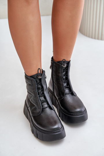 Botins em couro com plataforma no calcanhar Zazoo 60472, cor preta