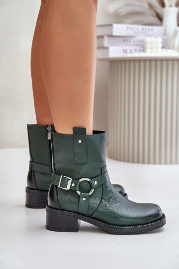 Botins em couro com salto baixo, forrados Zazoo 60480, cor caqui