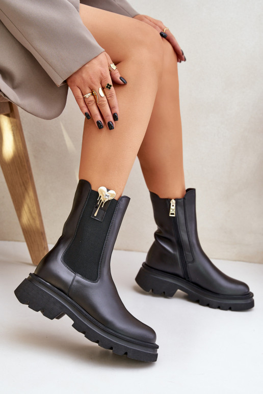 Pele botas elegantes com decoração CheBello 4537 cor preta Pele botas elegantes com decoração CheBello 4537 cor preta