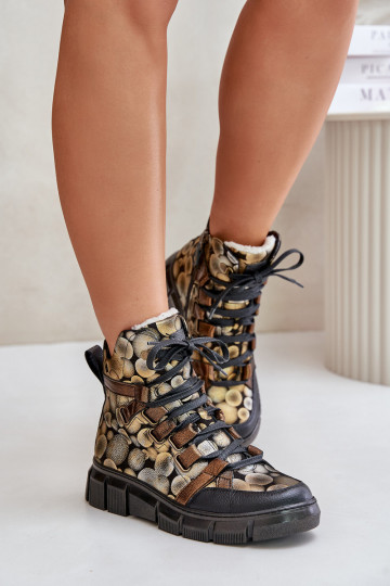 Botins de couro com sola plana e cadarços Tai Turiciejka 06158-25, cor dourada