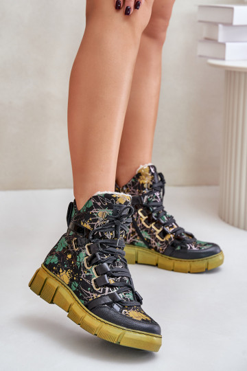 Botins de couro com sola plana e cadarços Tai Turiciejka 06158-07, em cores amarelo-preto 2