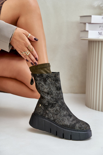 Botins de couro femininos com plataforma Tai Turiciejka 06766-09, cor chaki