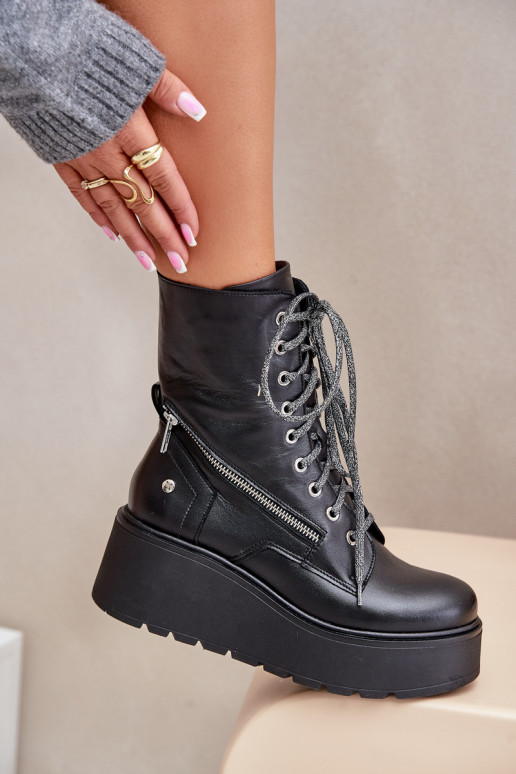 Pele Botins de trabalho com uma plataforma I Koturnie Tem que serciejka 06676-01 cor preta Pele Botins de trabalho com uma plataforma I Koturnie Tem que serciejka 06676-01 cor preta