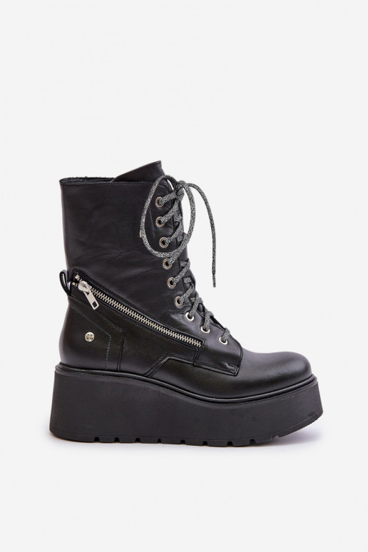 Pele Botins de trabalho com uma plataforma I Koturnie Tem que serciejka 06676-01 cor preta Pele Botins de trabalho com uma plataforma I Koturnie Tem que serciejka 06676-01 cor preta