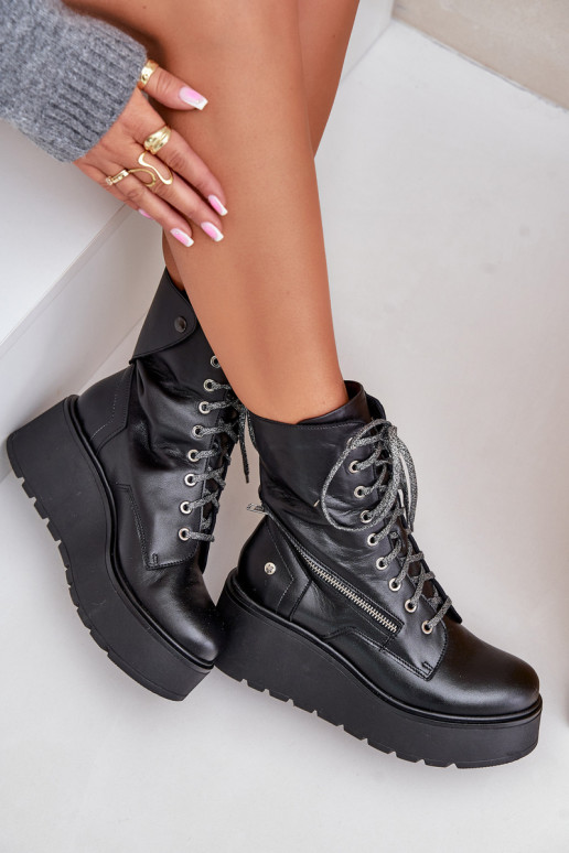 Pele Botins de trabalho com uma plataforma I Koturnie Tem que serciejka 06676-01 cor preta Pele Botins de trabalho com uma plataforma I Koturnie Tem que serciejka 06676-01 cor preta