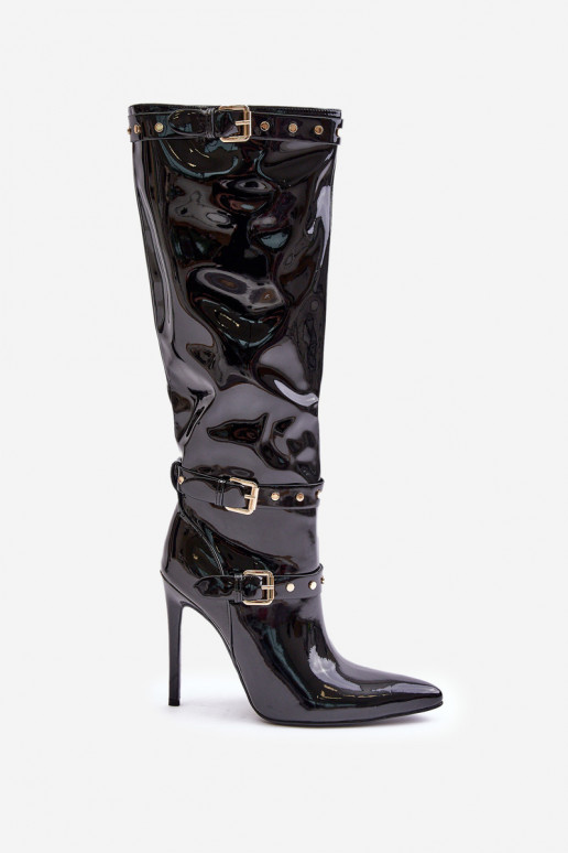 com efeito verniz botas com salto fino com fivelas cor preta Emiraethe com efeito verniz botas com salto fino com fivelas cor preta Emiraethe