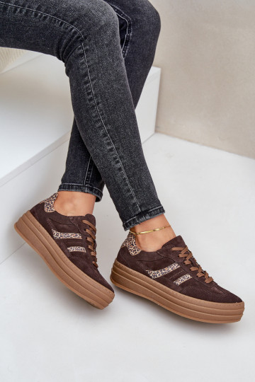 Botas de neve de estilo esportivo em camurça com plataforma e estampas de pele de leopardo, na cor chocolate