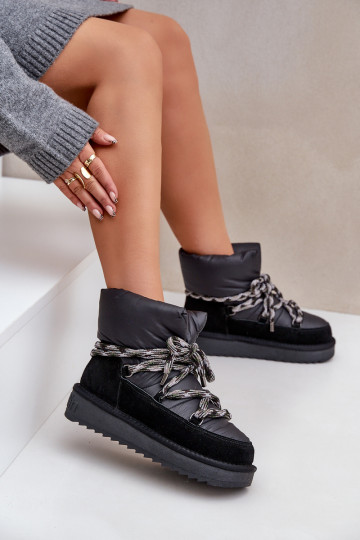 Botas de neve femininas em camurça com laços grossos, na cor preta