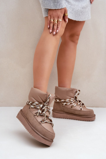 Botas de neve femininas em camurça com laços grossos, na cor argila