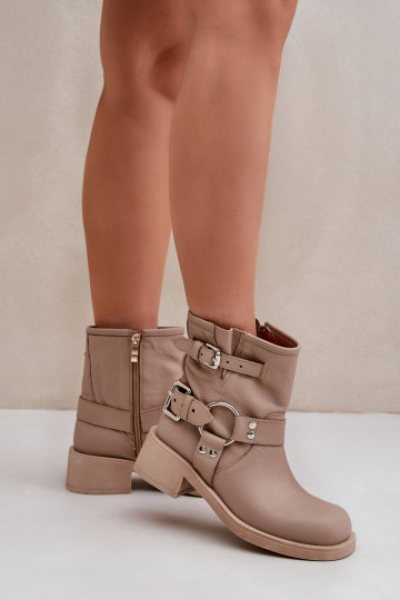 Botas de couro femininas de cano curto com tiras Zazoo 3644 na cor areia
