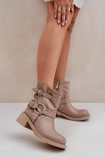 Botas de couro femininas de cano curto com tiras Zazoo 3644 na cor areia 2