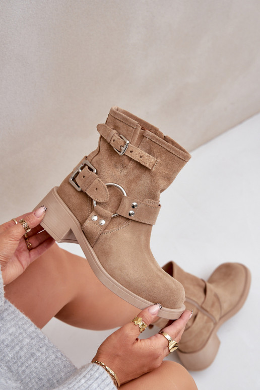 Sapatos de camurça Feminino De salto baixo Klocku com listras Zazoo 3644 bege Sapatos de camurça Feminino De salto baixo Klocku com listras Zazoo 3644 bege