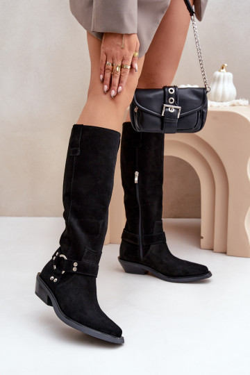 Botas de camurça estilo cowboy com salto baixo e ornamentos Zazoo 3656 na cor preta