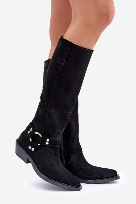 de camurça botas estilo vaqueiro De salto baixo com enfeites Zazoo 3656 cor preta de camurça botas estilo vaqueiro De salto baixo com enfeites Zazoo 3656 cor preta