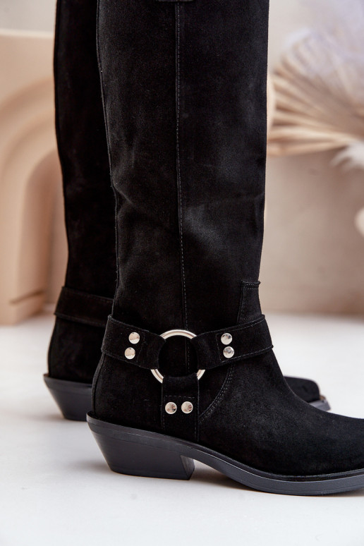 de camurça botas estilo vaqueiro De salto baixo com enfeites Zazoo 3656 cor preta de camurça botas estilo vaqueiro De salto baixo com enfeites Zazoo 3656 cor preta