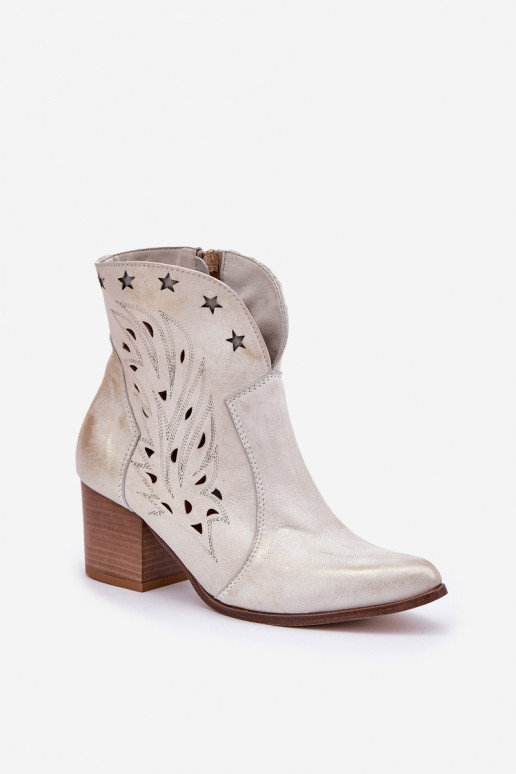 Botas a céu aberto estilo vaqueiro Pele com salto LeParaski 3613 cor dourada Przecierany Botas a céu aberto estilo vaqueiro Pele com salto LeParaski 3613 cor dourada Przecierany