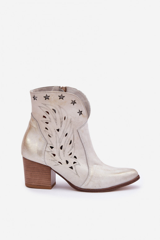Botas a céu aberto estilo vaqueiro Pele com salto LeParaski 3613 cor dourada Przecierany Botas a céu aberto estilo vaqueiro Pele com salto LeParaski 3613 cor dourada Przecierany