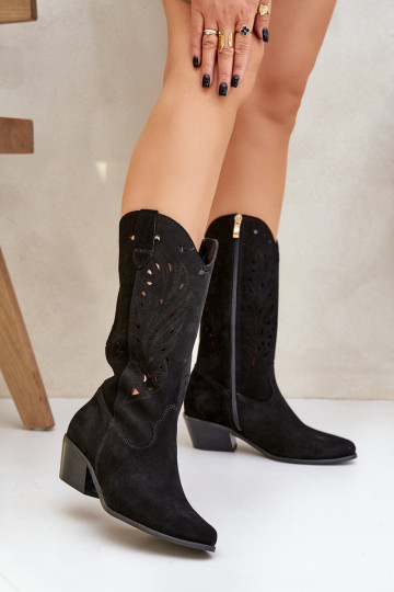 Botas de camurça de cano longo com detalhe vazado Zazoo 3609 na cor preta 2