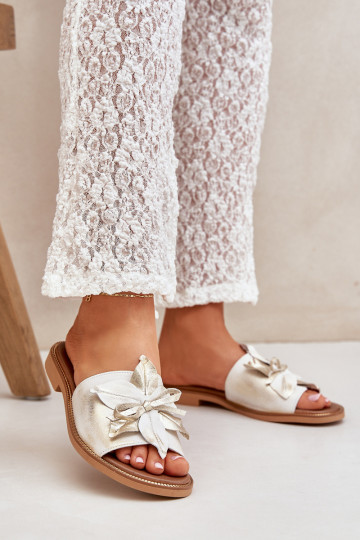 Chinelos com enfeites couro natural Zazoo 3667 cor dourada Przecierany 2