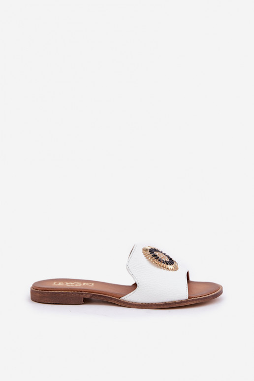 Chinelos de couro com enfeites com salto largo LeParaski 3047/O cor branca Chinelos de couro com enfeites com salto largo LeParaski 3047/O cor branca