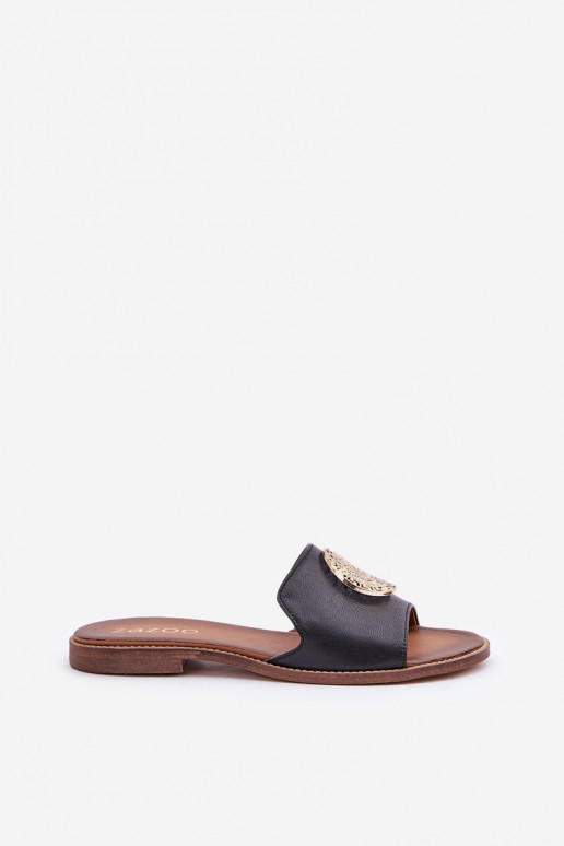 Chinelos de couro com enfeites com salto largo Zazoo 3047/O cor preta Chinelos de couro com enfeites com salto largo Zazoo 3047/O cor preta