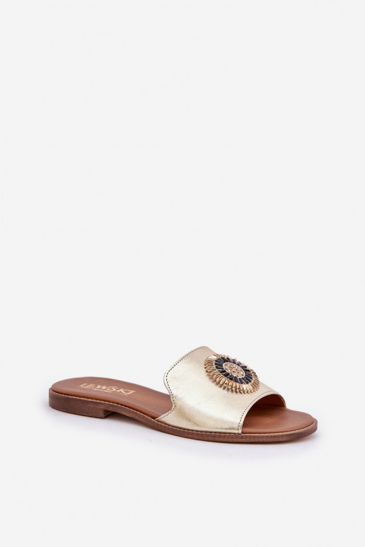 Chinelos de couro com enfeites com salto largo Zazoo 3047/O cor dourada Chinelos de couro com enfeites com salto largo Zazoo 3047/O cor dourada