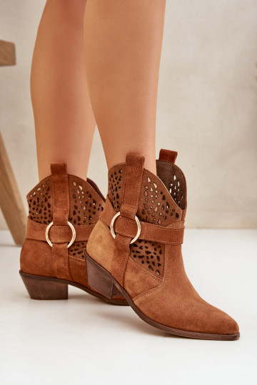 Sapatos de camurça estilo vaqueiro com elementos abertos com salto Zazoo 2994 cor marrom