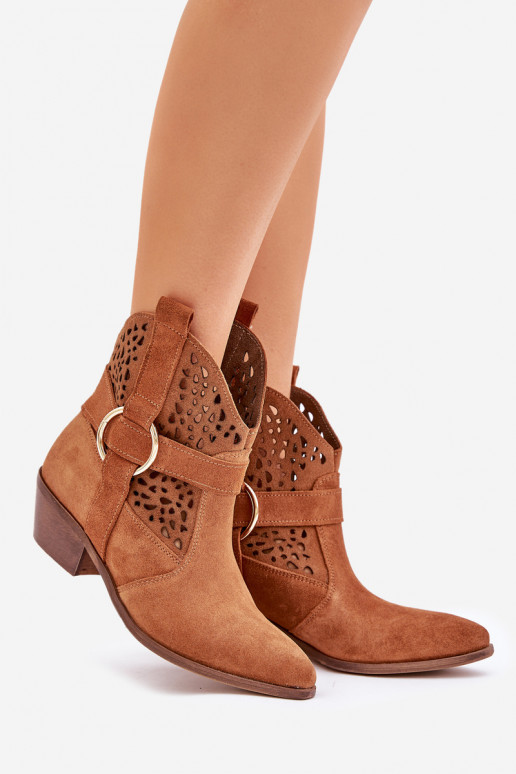 Sapatos de camurça estilo vaqueiro com elementos abertos com salto Zazoo 2994 cor marrom Sapatos de camurça estilo vaqueiro com elementos abertos com salto Zazoo 2994 cor marrom