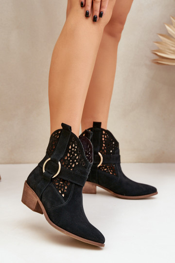 Botas de camurça de estilo cowboy com elementos recortados e saltos Zazoo 2994 pretas 2