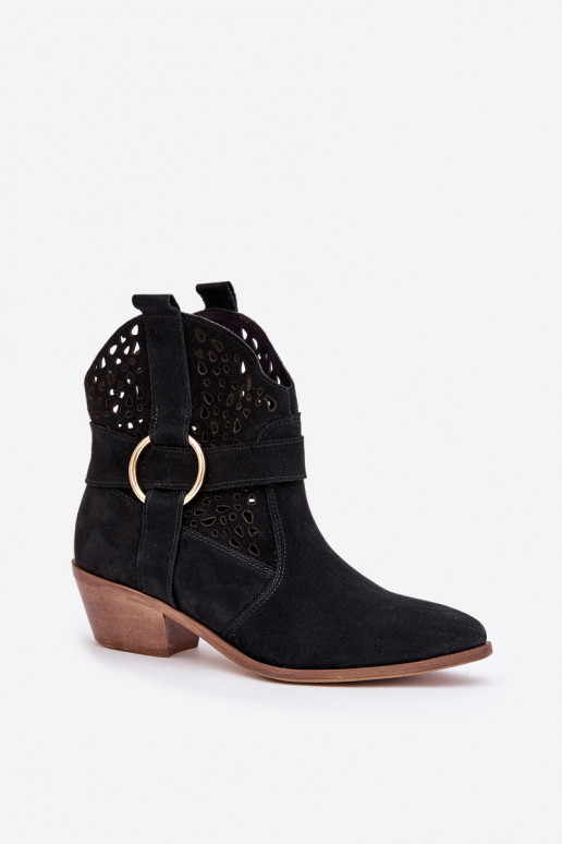 Sapatos de camurça estilo vaqueiro com elementos abertos com salto Zazoo 2994 cor preta Sapatos de camurça estilo vaqueiro com elementos abertos com salto Zazoo 2994 cor preta