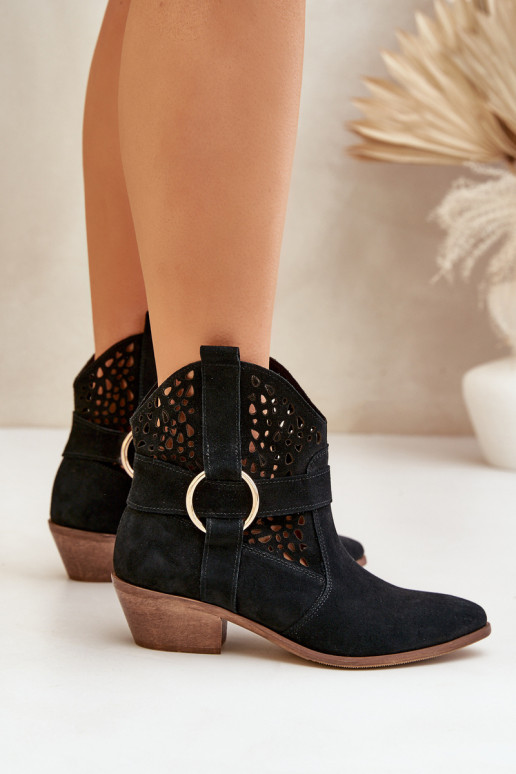 Sapatos de camurça estilo vaqueiro com elementos abertos com salto Zazoo 2994 cor preta Sapatos de camurça estilo vaqueiro com elementos abertos com salto Zazoo 2994 cor preta