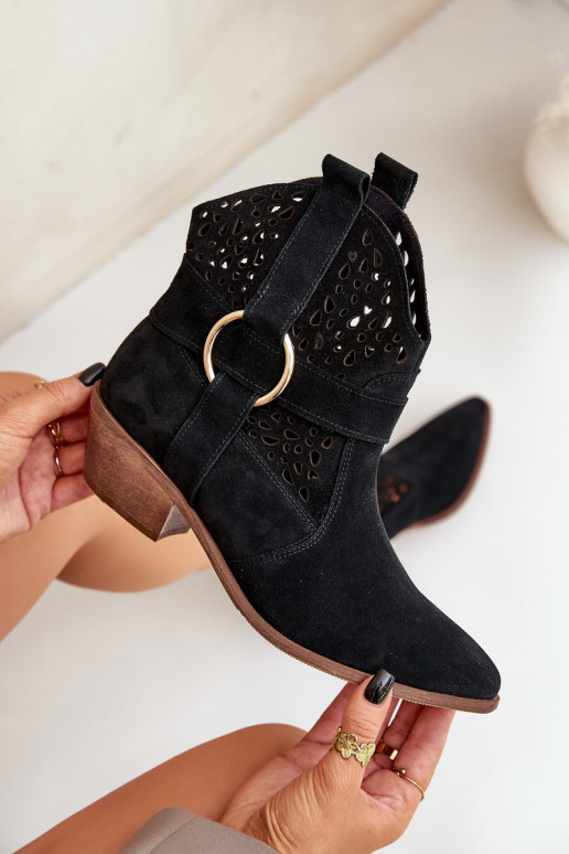 Sapatos de camurça estilo vaqueiro com elementos abertos com salto Zazoo 2994 cor preta Sapatos de camurça estilo vaqueiro com elementos abertos com salto Zazoo 2994 cor preta