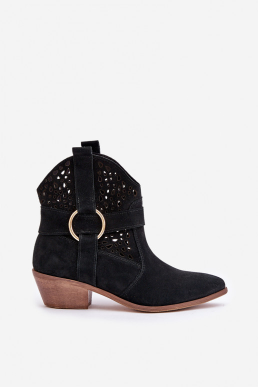 Sapatos de camurça estilo vaqueiro com elementos abertos com salto Zazoo 2994 cor preta Sapatos de camurça estilo vaqueiro com elementos abertos com salto Zazoo 2994 cor preta