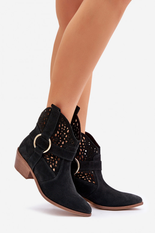 Sapatos de camurça estilo vaqueiro com elementos abertos com salto Zazoo 2994 cor preta Sapatos de camurça estilo vaqueiro com elementos abertos com salto Zazoo 2994 cor preta