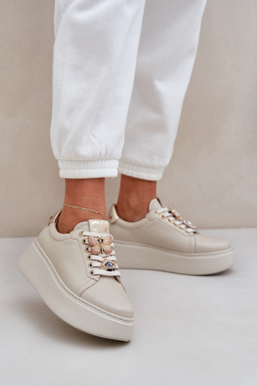 Feminino Pele À modalo de tênis com uma plataforma com lindos detalhes CheBello 4292 cor de marfim