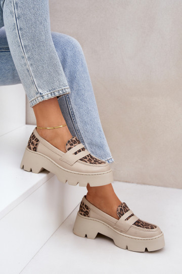 Pele Mocassins plataforma femininos E saltos baixos com padrões de pele de leopardo Zazoo 20191 cor de marfim
