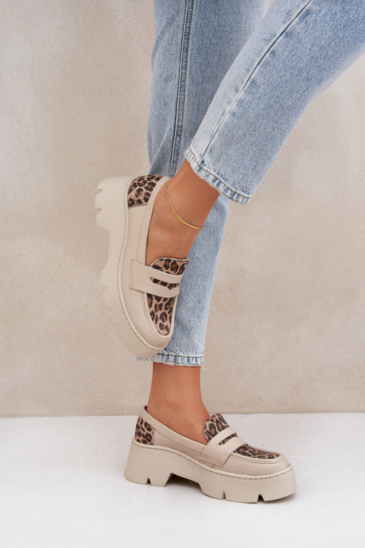 Pele Mocassins plataforma femininos E saltos baixos com padrões de pele de leopardo Zazoo 20191 cor de marfim Pele Mocassins plataforma femininos E saltos baixos com padrões de pele de leopardo Zazoo 20191 cor de marfim