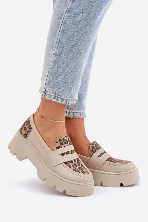 Pele Mocassins plataforma femininos E saltos baixos com padrões de pele de leopardo Zazoo 20191 cor de marfim Pele Mocassins plataforma femininos E saltos baixos com padrões de pele de leopardo Zazoo 20191 cor de marfim