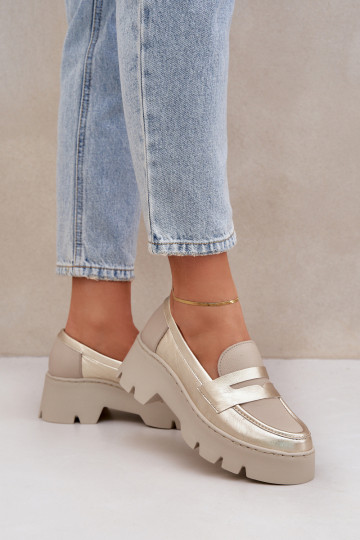 Pele Mocassins plataforma femininos E saltos baixos Zazoo 20191 cor dourada