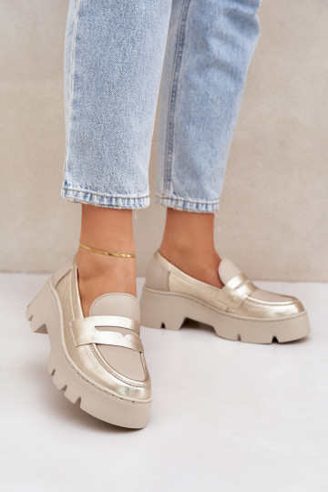 Pele Mocassins plataforma femininos E saltos baixos Zazoo 20191 cor dourada 2