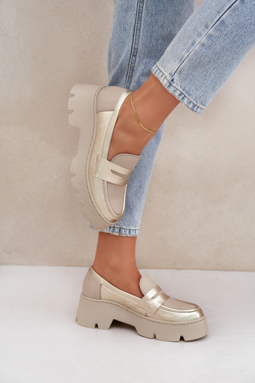 Pele Mocassins plataforma femininos E saltos baixos Zazoo 20191 cor dourada