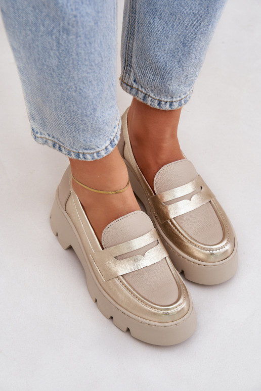 Pele Mocassins plataforma femininos E saltos baixos Zazoo 20191 cor dourada