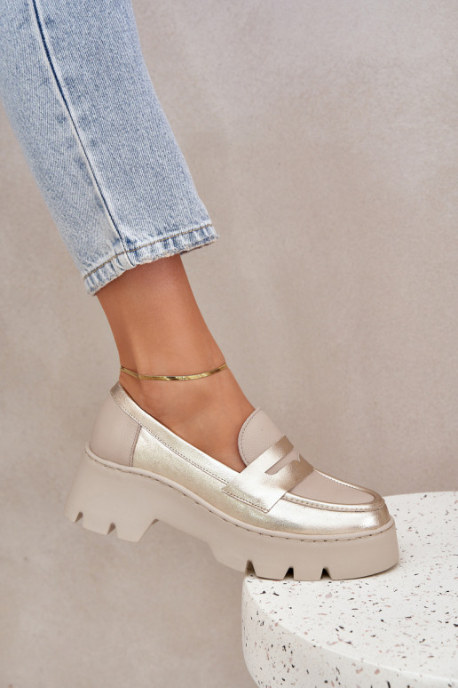 Pele Mocassins plataforma femininos E saltos baixos Zazoo 20191 cor dourada