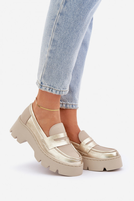 Pele Mocassins plataforma femininos E saltos baixos Zazoo 20191 cor dourada