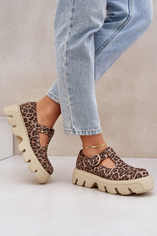 de camurça sapato com fivelas com padrões de pele de leopardo Zazoo 20183 cor marrom de camurça sapato com fivelas com padrões de pele de leopardo Zazoo 20183 cor marrom