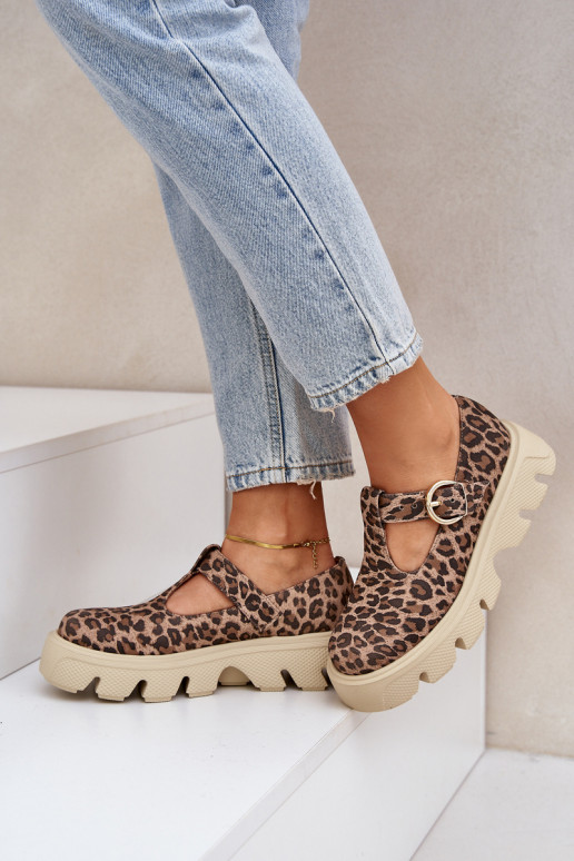 de camurça sapato com fivelas com padrões de pele de leopardo Zazoo 20183 cor marrom de camurça sapato com fivelas com padrões de pele de leopardo Zazoo 20183 cor marrom