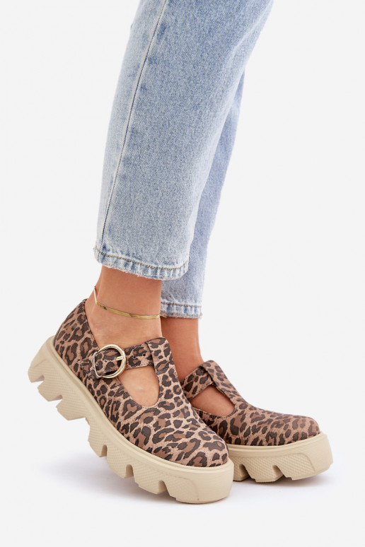 de camurça sapato com fivelas com padrões de pele de leopardo Zazoo 20183 cor marrom de camurça sapato com fivelas com padrões de pele de leopardo Zazoo 20183 cor marrom