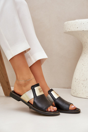 Estilo elegante Chinelos Feito de couro natural com salto largo Zazoo 40423 cor preta