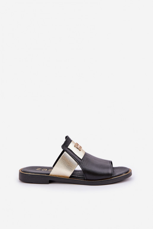 Estilo elegante Chinelos Feito de couro natural com salto largo Zazoo 40423 cor preta Estilo elegante Chinelos Feito de couro natural com salto largo Zazoo 40423 cor preta