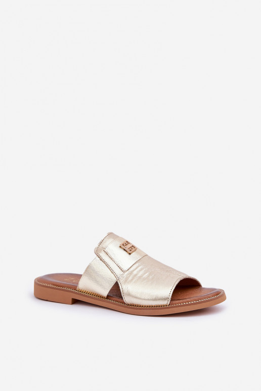 Estilo elegante Chinelos Feito de couro natural com salto largo Zazoo 40423 cor dourada Estilo elegante Chinelos Feito de couro natural com salto largo Zazoo 40423 cor dourada